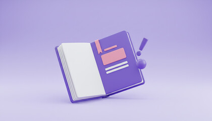 Open purple book with pen on a light purple background