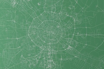 Stylized map of the streets of Chengdu (China) made with white lines on green background. Top view. 3d render, illustration