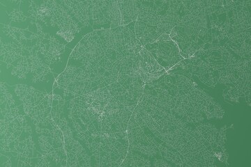 Stylized map of the streets of Kampala (Uganda) made with white lines on green background. Top view. 3d render, illustration