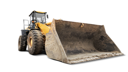 A large, yellow loader machine sits on a clean, isolated background, showcasing its massive front bucket and sturdy tires, ideal for construction or landscaping.