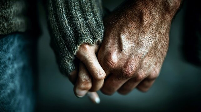 A close-up shot of two hands clasped together, one wearing a textured knitted sleeve and the other appearing rougher, suggesting a deep connection and mutual su
