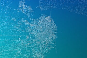Map of the streets of Surabaya (Indonesia) made with white lines on greenish blue gradient background. 3d render, illustration