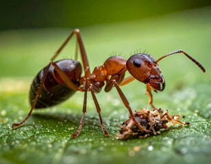 Close-up of an ant devouring prey on a vibrant green leaf, detailed macro photography