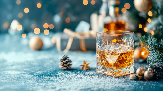 Whiskey on ice amidst festive holiday decor, with bokeh lights, snow-dusted Christmas tree, and golden ornaments for cozy winter celebration