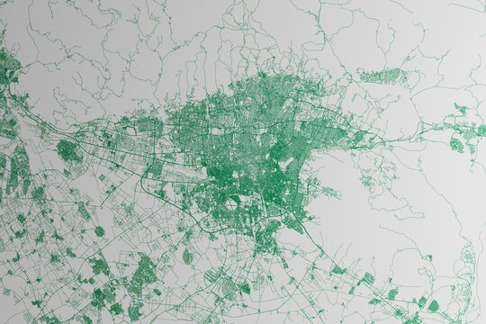 Map of the streets of Tehran (Iran) made with green lines on white paper. 3d render, illustration