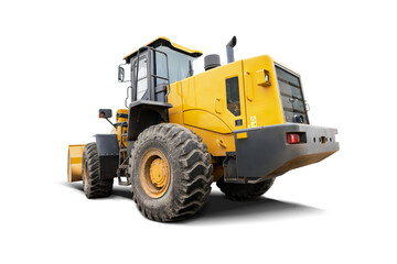 A large yellow construction machine stands prominently against a clean, isolated white background. This powerful equipment is ideal for various design applications.