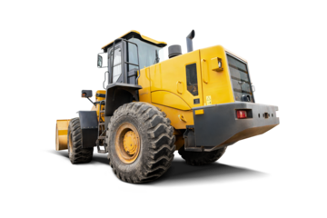 A large yellow construction machine stands prominently against a clean, isolated white background. This powerful equipment is ideal for various design applications.