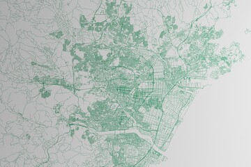 Fototapeta premium Map of the streets of Sendai (Japan) made with green lines on white paper. 3d render, illustration