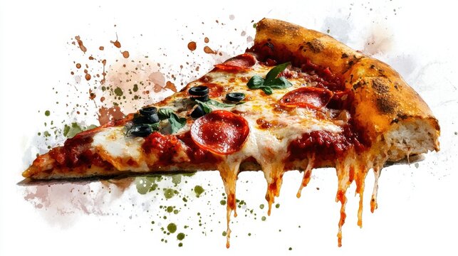 Delicious pepperoni pizza slice with olives and basil on white background. National Pizza Month