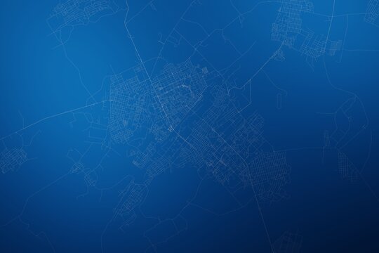 Stylized map of the streets of Karaganda (Kazakhstan) made with white lines on abstract blue background lit by two lights. Top view. 3d render, illustration