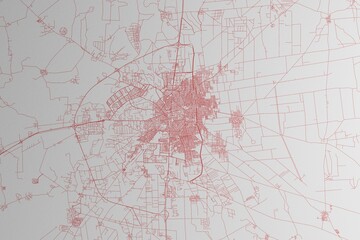 Map of the streets of Homs (Syria) made with red lines on white paper. 3d render, illustration © Hairem