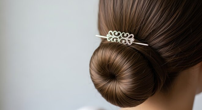 Elegant hair bun with decorative pin on young caucasian female - Powered by Adobe
