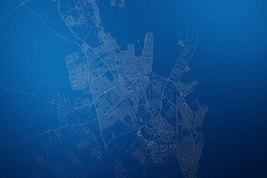 Stylized map of the streets of Dammam (Saudi Arabia) made with white lines on abstract blue background lit by two lights. Top view. 3d render, illustration