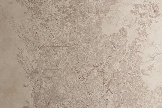 Map of Quezon City (Philippines) on an old vintage sheet of paper. Retro style grunge paper with light coming from right. 3d render