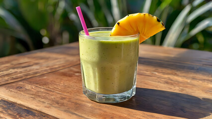 Fresh tropical fruit smoothie on wooden table, bright natural lighting, summer vibe, healthy lifestyle