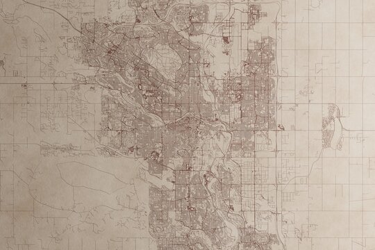 Map of Calgary (Canada) on an old vintage sheet of paper. Retro style grunge paper with light coming from right. 3d render