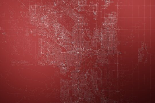 Map of the streets of Calgary (Canada) made with white lines on abstract red background lit by two lights. Top view. 3d render, illustration