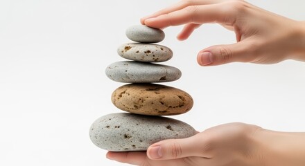 Close-up of two hands carefully balancing a stack of smooth, multicolored stones against a clean white background.