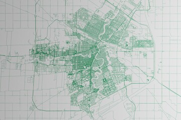 Fototapeta premium Map of the streets of Winnipeg (Canada) made with green lines on white paper. 3d render, illustration