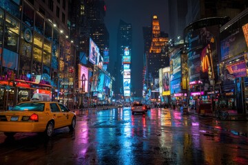 Obraz premium Times Square Manhattan scene, blank white hanging poster, pedestrians below, multiple colorful billboards, realistic shadows and reflections, commercial-ready urban mockup