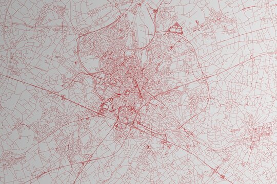 Map of the streets of Gent (Belgium) made with red lines on white paper. 3d render, illustration