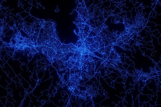 Street map of Lahti (Finland) made with blue illumination and glow effect. Top view on roads network
