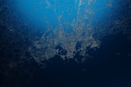 Street map of Helsinki (Finland) engraved on blue metal background. View with light coming from top. 3d render, illustration