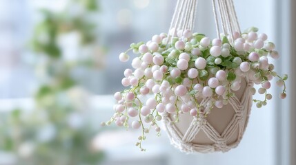 Elegant hanging plant with pink berries in macrame holder for modern interior decor
