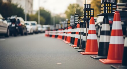 Row of orange and white traffic cones on a city street in the daytime