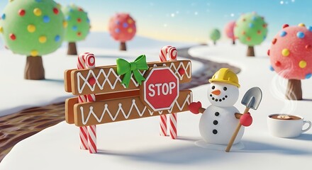 Snowman construction worker with stop sign in a whimsical winter wonderland
