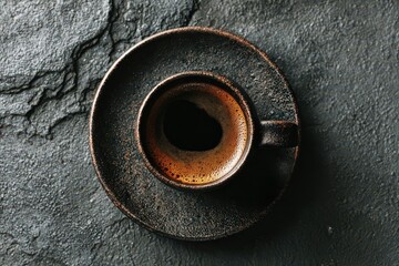 Overhead View of Coffee Cup on Dark Textured Surface