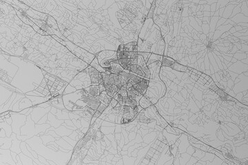 Map of the streets of Zaragoza (Spain) made with black lines on grey paper. Top view. 3d render, illustration