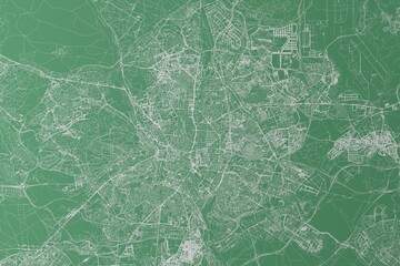 Stylized map of the streets of Madrid (Spain) made with white lines on green background. Top view. 3d render, illustration