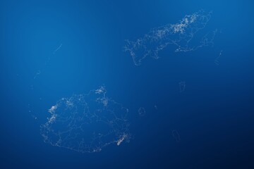 Stylized map of the streets of Fiji made with white lines on abstract blue background lit by two lights. Top view. 3d render, illustration