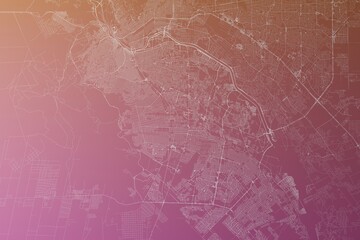 Map of the streets of Ciudad Juarez (Mexico) made with white lines on pinkish red gradient background. Top view. 3d render, illustration