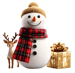 Snowman with reindeer and gift isolated on transparent background snowman smiling standing with gift isolated on transparent