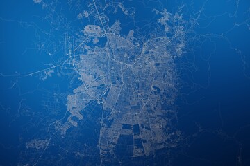 Stylized map of the streets of Santiago (Chile) made with white lines on abstract blue background lit by two lights. Top view. 3d render, illustration