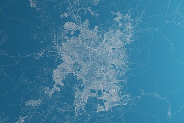 Map of the streets of Santiago (Chile) made with white lines on blue paper. Rough background. 3d render, illustration