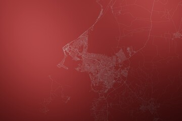Map of the streets of Cartagena (Colombia) made with white lines on abstract red background lit by two lights. Top view. 3d render, illustration