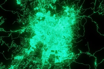 Map of the streets of Santiago (Chile) made with green illumination and glow effect. Top view on roads network. 3d render, illustration