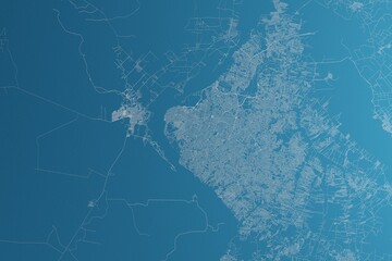 Map of the streets of Asuncion (Paraguay) made with white lines on blue paper. Rough background. 3d render, illustration