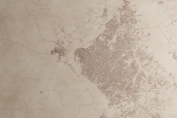 Map of Asuncion (Paraguay) on an old vintage sheet of paper. Retro style grunge paper with light coming from right. 3d render
