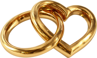 Golden wedding ring and heart shaped ring intertwined, symbolizing love, unity, and romance