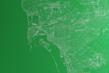 Map of the streets of San Diego (California, USA) made with white lines on green paper. Rough background. 3d render, illustration