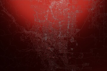 Street map of Colorado Springs (Colorado, USA) engraved on red metal background. Light is coming from top. 3d render, illustration