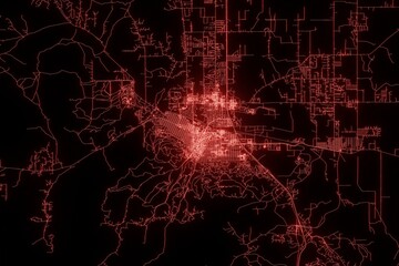 Street map of Helena (Montana, USA) made with red illumination and glow effect. Top view on roads network. 3d render, illustration