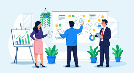 Business team collaborating on a strategy board with charts and graphs in a modern office setting