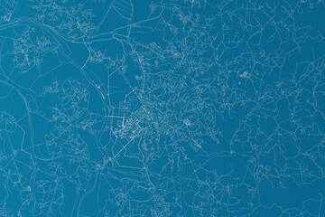 Map of the streets of Antananarivo (Madagascar) made with white lines on blue background. 3d render, illustration