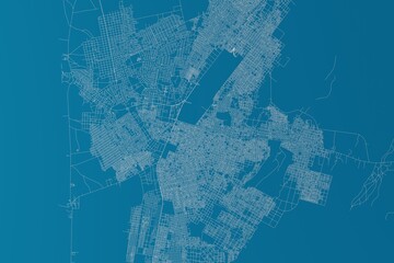 Map of the streets of Nouakchott (Mauritania) made with white lines on blue background. 3d render, illustration