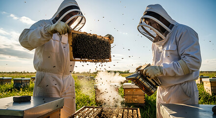 Two beekeepers in protective suits inspecting a honeycomb frame full of bees in a sunny apiary